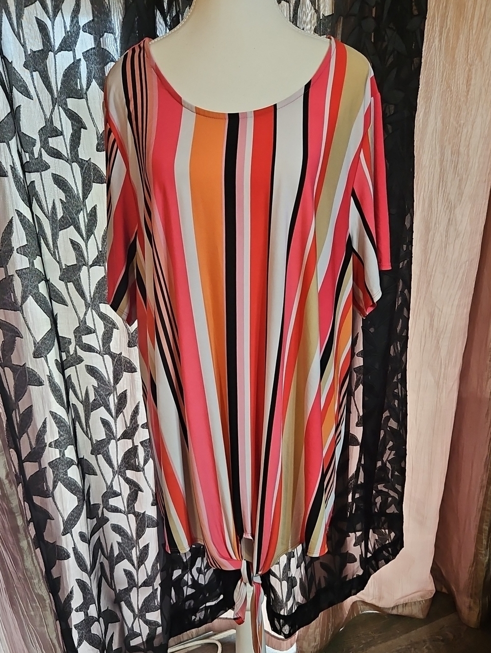 Striped Tie-Hem Tunic in Pink, Orange & White
